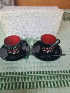 漆器 花柄 カップ 2個セット　未使用　昭和レトロ　スプーン付き　引き手物