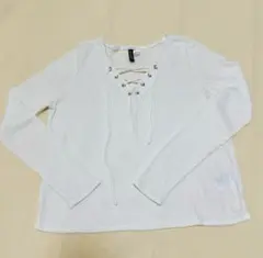 ホワイト レースアップ 長袖Tシャツ M
