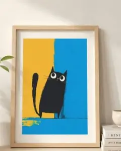 まん丸の目の黒猫 ブルーと黄色のA3プリントアート