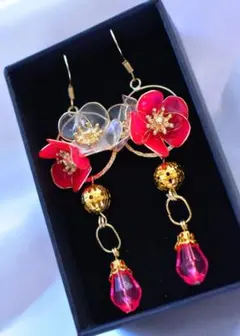 紅白梅の和風ドロップピアス ディップアート ディップフラワー