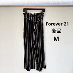 【新品M】フォーエバー21ウエストゴムストライプワイドパンツ　ベルト付ブラック黒のサムネイル