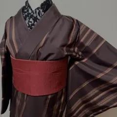 着物　袷　茶　縞　ストライプ　正絹　パールトーン加工