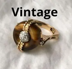 ビンテージ　タイガーアイ　ゴールド　リング　ジルコニア　虎眼石