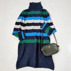 ボーダーニットワンピース タートルネック カジュアル マルチカラー ゆったりM