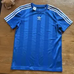 adidas 青 ストライプ 半袖シャツ