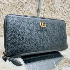 【美品】グッチ 長財布 ラウンドファスナー ブラック レザー マーモント