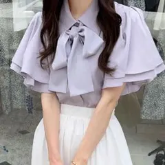 【本日限定価格】ボウタイ付きダブルフリルスリーブブラウス[pp074]