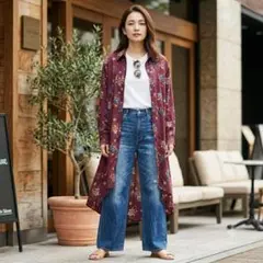 ジュノア◇花柄シャツワンピース L ボルドー フィッシュテール ガウン 羽織りのサムネイル