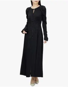 FRAY I.D ブラックロングドレス パフスリーブ ジャガード 千鳥柄