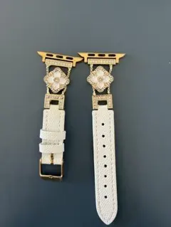Apple Watch 用 装飾付きレザーバンド ホワイト・ブラウン