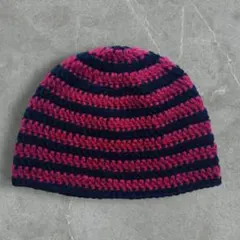 209-2クラッシャーハット　古着　クロシェハット　ビーニー　ボーダー 赤　黒