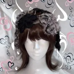 帽子　花　チェーン　クロシェハット　ピンク　黒　y2k ビーズ　バブーシュカ