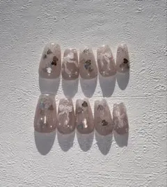 ネイルチップ　ショートバレリーナ　ハートリボン　フラッシュネイル