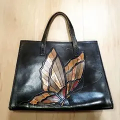 本革 アート バッグ 蝶 ヴィンテージ トート 黒 レザー 和風 秋