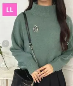 美品❗️タートルネック ニット グリーン セーター レディース ポワン袖 ＬＬ