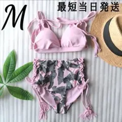 水着 レディース ビキニ ピンク セパレート　M ボタニカル 編み上げ シンプル