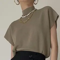 ハイネックニット フレンチスリーブ サマーニット グレージュ フリーサイズ