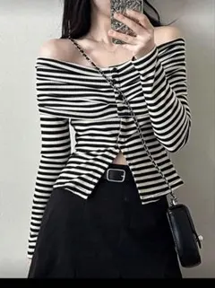 オフショルダー ストライプ 長袖 トップス