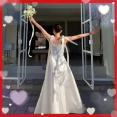 【M】ホワイト　ウェディングドレス　韓国風　前撮り　サテン　aライン　リボン