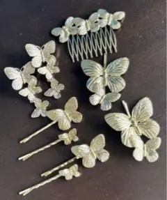 ゴールド　蝶ヘアピン/ピアスセット　ウェディング