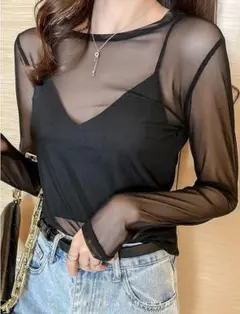 シアー トップスレディース 長袖 シースルー 重ね着シースルートップス 透け薄手