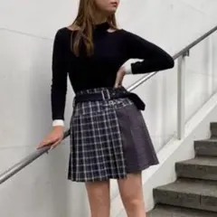 レディアゼル 異素材切替チェックプリーツミニスカート ベルト付き ネイビー S