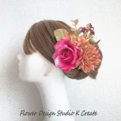 ローズピンクの薔薇とオレンジマムのブーケ風フローレス　フラメンコ　ダンス　髪飾り