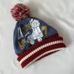 キッズ用ニット帽　ポンポン付き　レッド×グレー