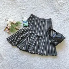 フレアスカート プリーツ ひざ丈 38 M 通勤 ストライプ 日本製 カジュアル