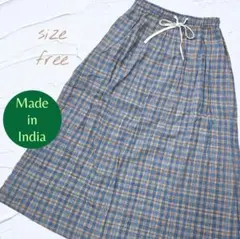 新品 インド 綿 ブルー チェック エスニック アジアン スカート 匿名