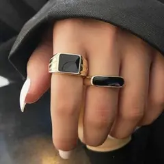 2点セット ブラック エポキシ エナメル ゴールド リング #C587-4