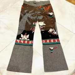 アルベロベロ 豚さん柄 異素材切替 ベロア ツイード　パンツ M