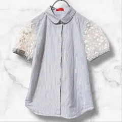 【アース】半袖ブラウスシャツ ハフスリーブ 刺繍花柄レース ストライプ(M)総柄