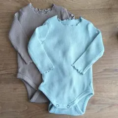 リブ編みロンパース 2枚セット (ブラウン・ミント)