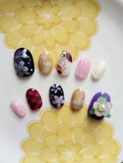 【現品】ネイルチップ 成人式 卒業式 振袖 和装 ニュアンス 紫 花柄 10本