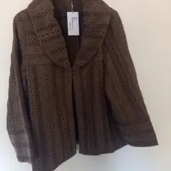 ブラウン レース編み ノーカラージャケット