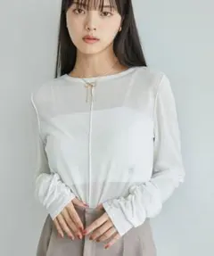 VIS【洗える】シャーリングスリーブシアーロングTシャツ