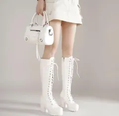 厚底 ロングブーツ レディース 編み上げ サイドジッパー ホワイト　24.5cm