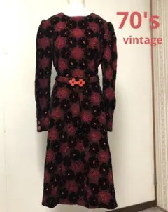 昭和レトロ　70's vintage ベロア生地　花柄刺繍ワンピース 長袖