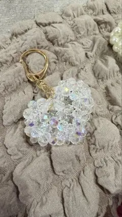 ハンドメイド ビーズ 立体 ハート キーホルダー チャーム クリア