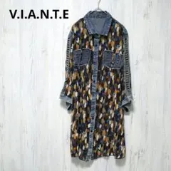 ワンピース デニム 総柄 ロングシャツ 切替 袖デザイン カットアウト 古着