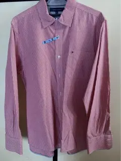 トミーヒルフィガー　赤細かなストライプ柄シャツ　XXL