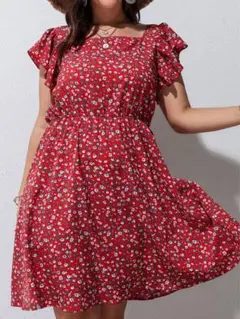 【新品未使用】【大きいサイズ】花柄 フリル袖 ドレスワンピース 4XL(7XL)