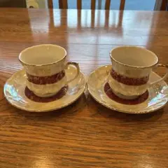 昭和レトロ カップ＆ソーサー 2客セット ラスター彩 金縁 花柄
