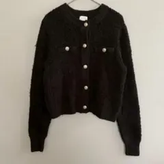 ⚪︎エイチアンドエム　ニットカーディガン　ノーカラー　ジャケット　金ボタン　黒　L