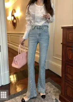 美品　グレイル　S フレアパンツ　ビジュー　ブルー　デニム