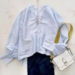 美品 アダムエロペ 日本製 リネン バンドカラー バルーンスリーブシャツ ブルー