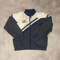 90s アンブロ ナイロンジャケット M ネイビー アイボリー 刺繍ロゴ Y2K