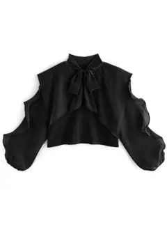 ボウタイケープカラーニットトップス