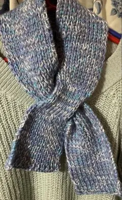 ハンドメイド ニットマフラー 青系